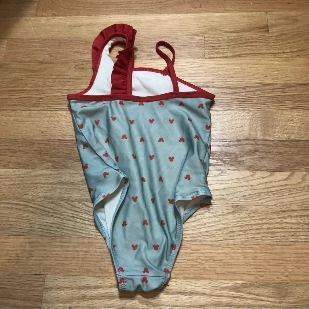 Junk Food Mickey Mouse One Piece Swim Suit 5T Blue Red Ruffle Bathing